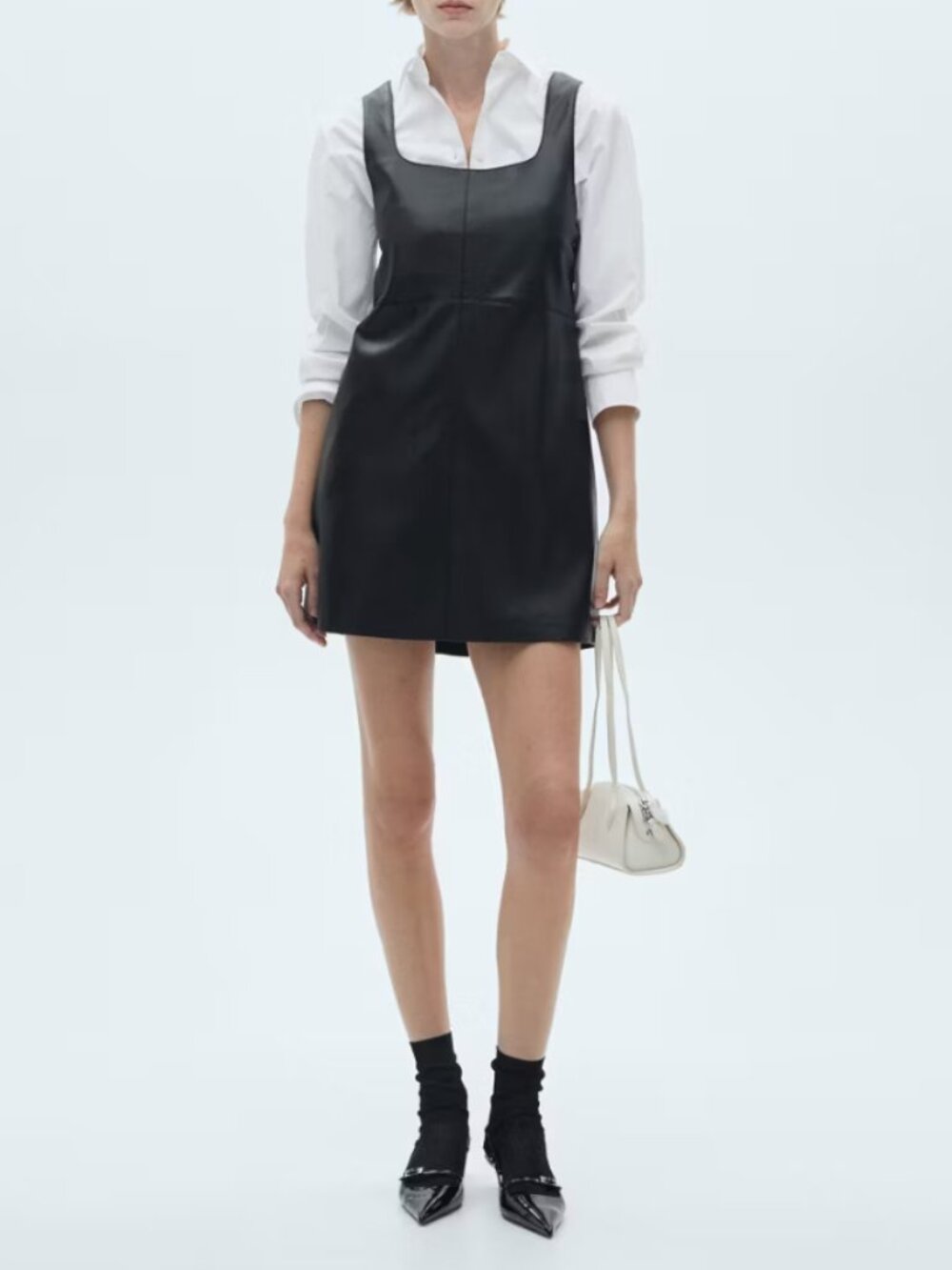 Mango Black Faux Leather Mini Dress | Square Neck Shift | Small